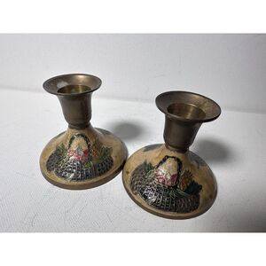 Vintage hand painted brass candle holders